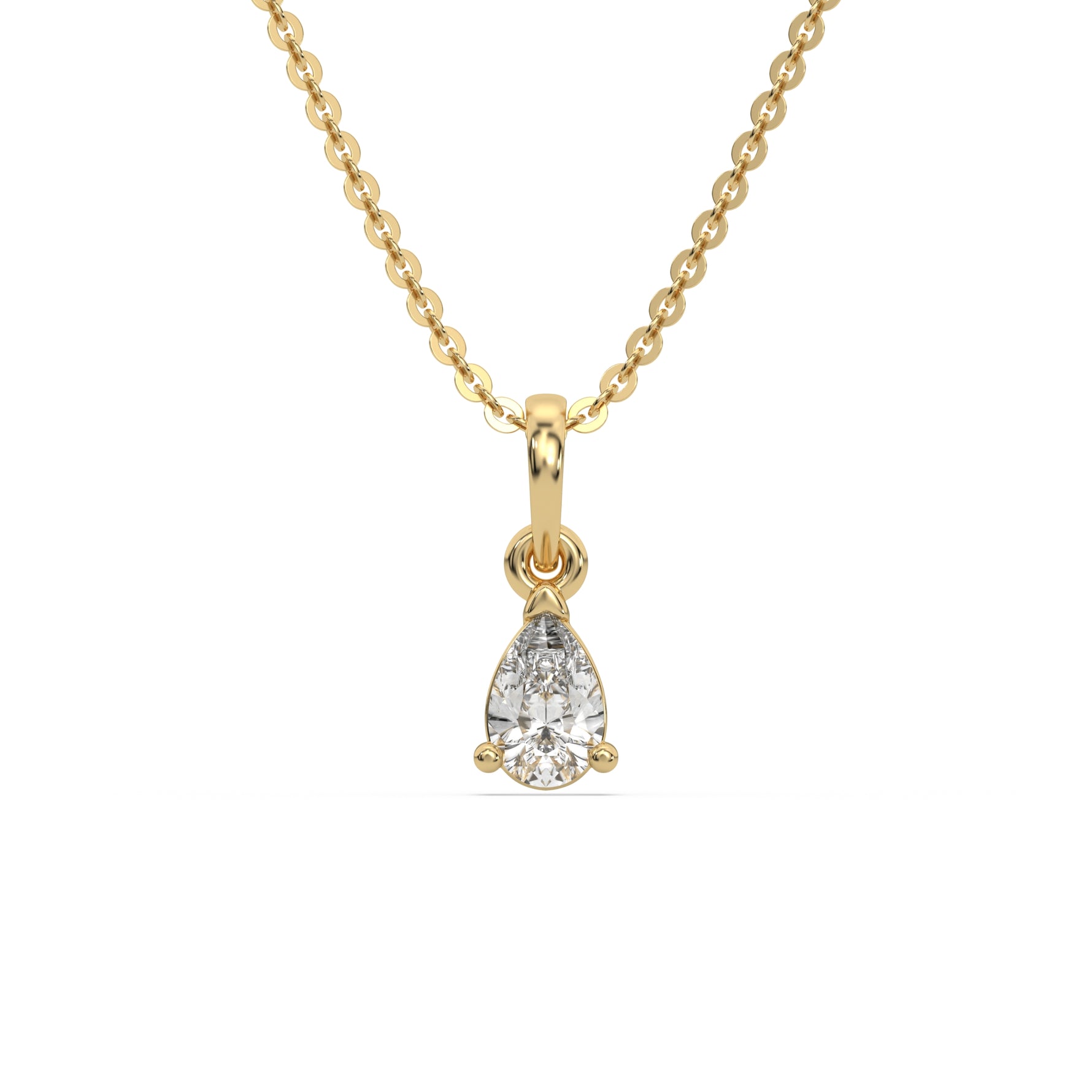 This yellow gold Pear Solitaire Diamond Necklace made with a pear cut diamond in a four prong setting with adjustable chain in top view