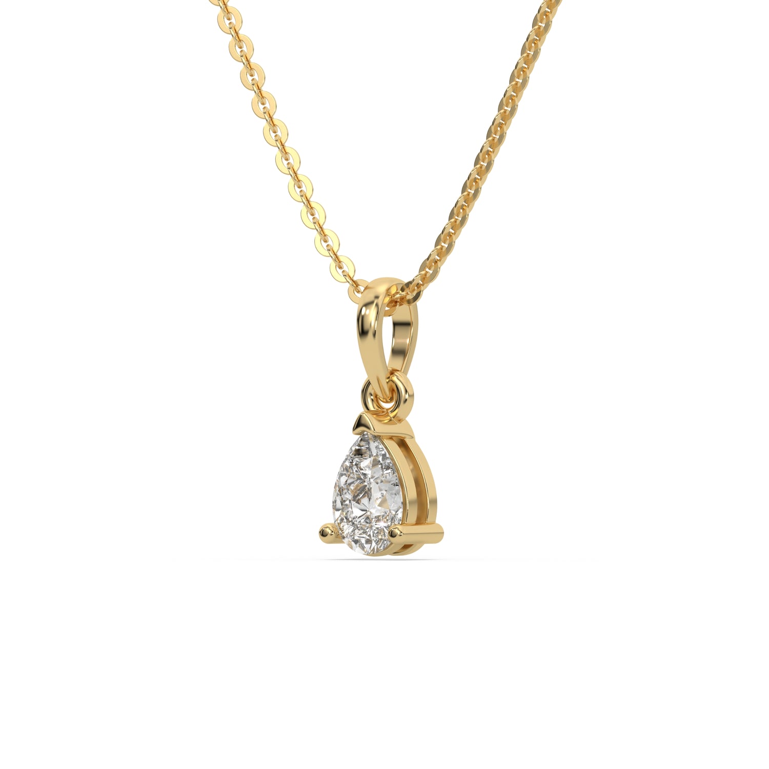 This yellow gold Pear Solitaire Diamond Necklace made with a pear cut diamond in a four prong setting with adjustable chain in side view