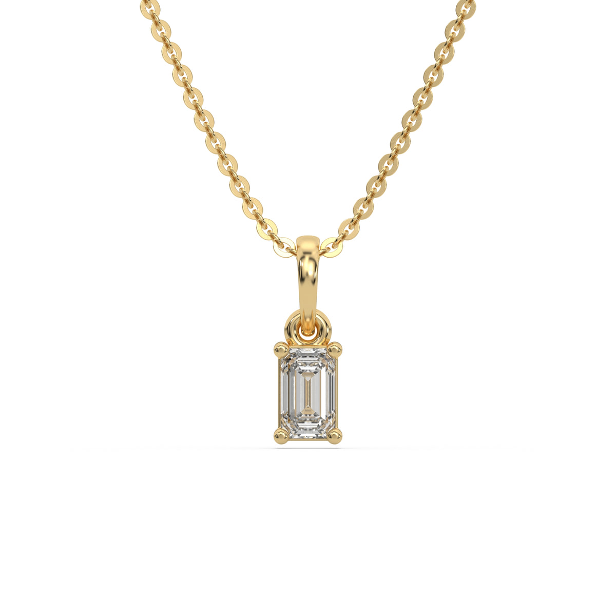 This yellow gold Emerald Solitaire Diamond Necklace made with an emerald cut diamond in a four prong setting with adjustable chain in top view