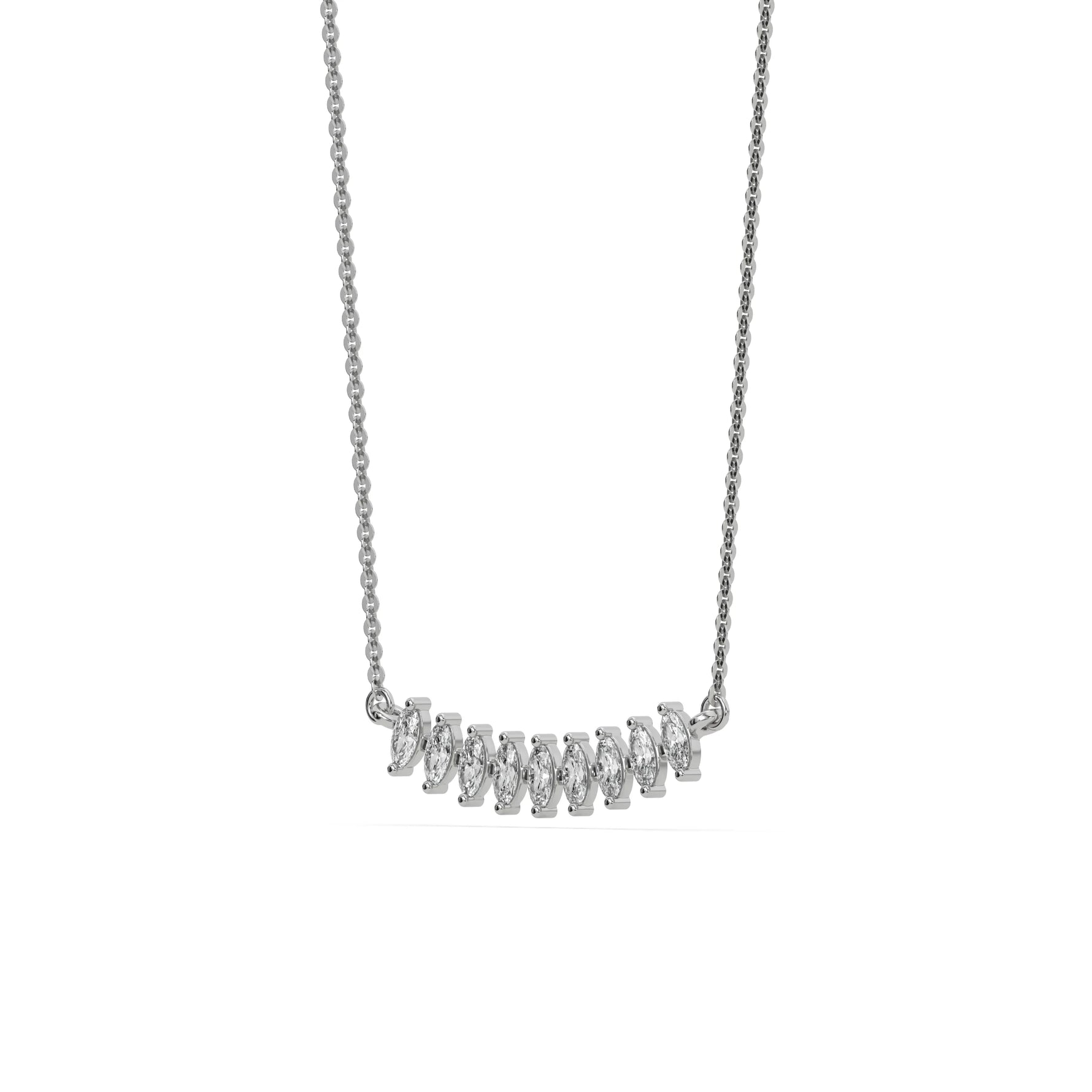 Curved Bar Diamond Necklace made with nine oval cut diamond set in a two prong setting