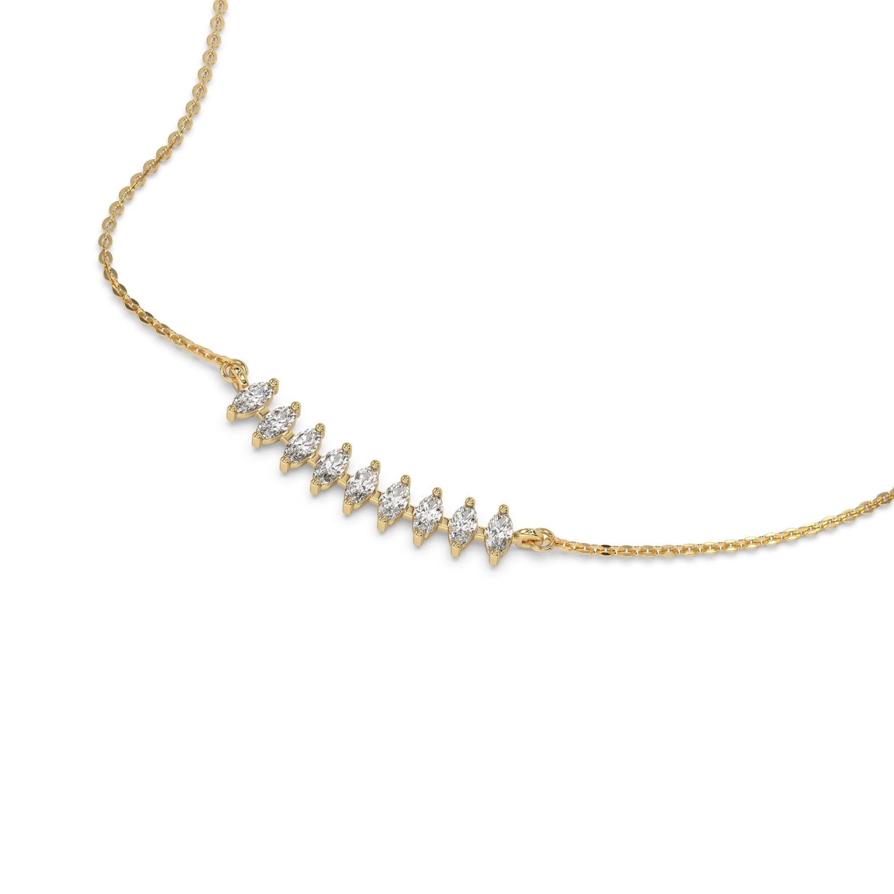 Curved Bar Diamond Necklace made with nine oval cut diamond set in a two prong setting