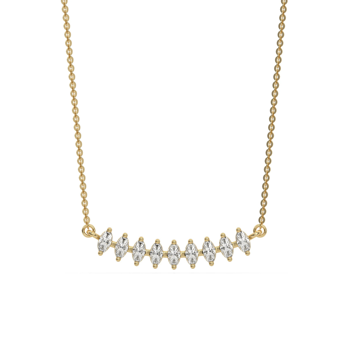 Curved Bar Diamond Necklace made with nine oval cut diamond set in a two prong setting