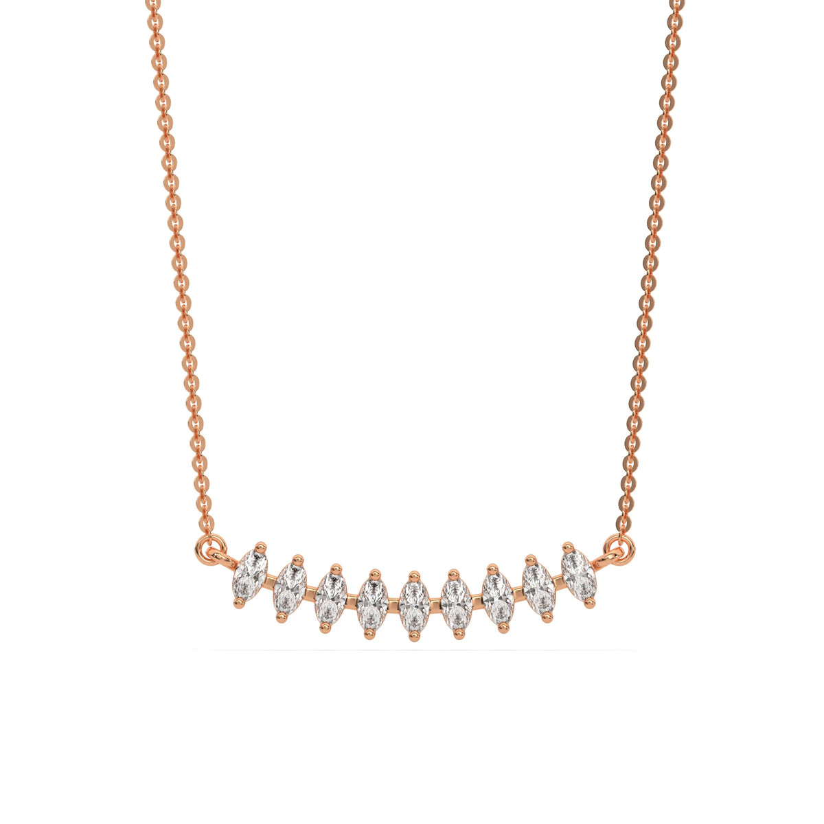 Curved Bar Diamond Necklace made with nine oval cut diamond set in a two prong setting