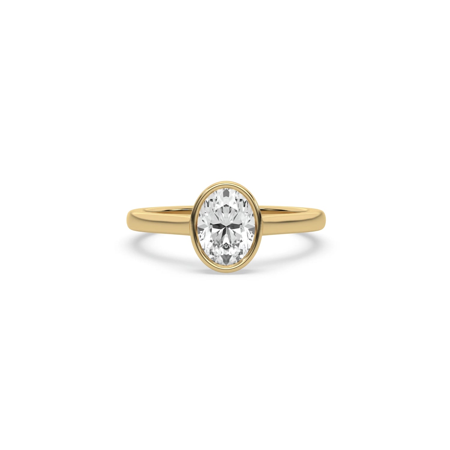 Front view of a classic oval diamond engagement ring set in a smooth yellow gold bezel, on a white background.