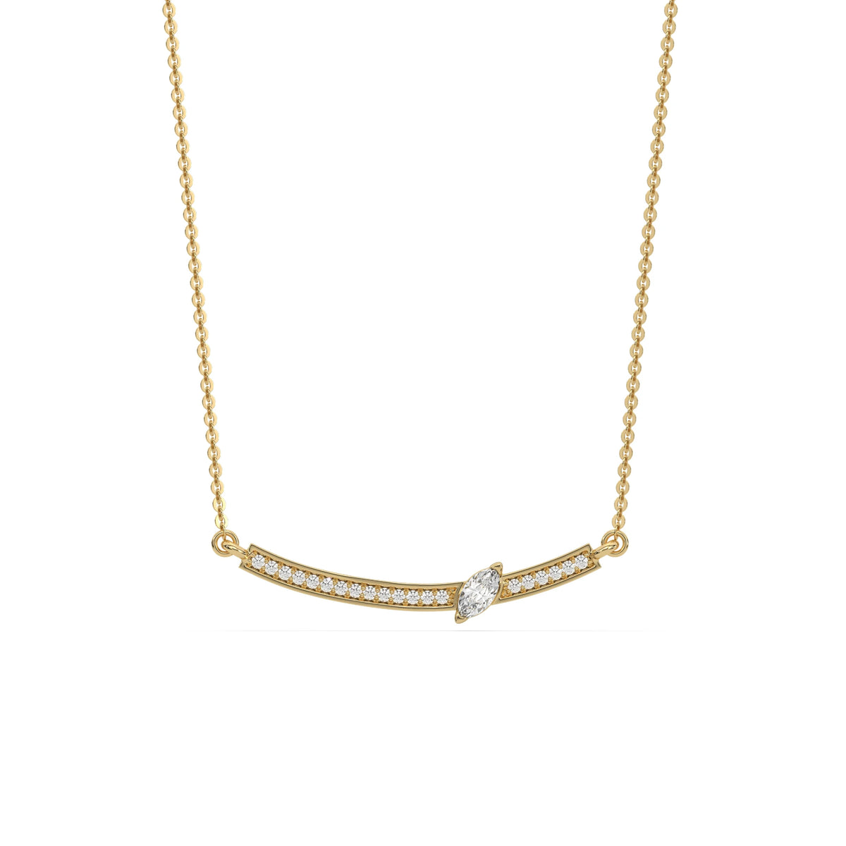 Curved Bar Diamond Necklace made with round brilliant-cut diamond in pave setting with a marquise cut solitaire on top set at an angle with adjustable chain