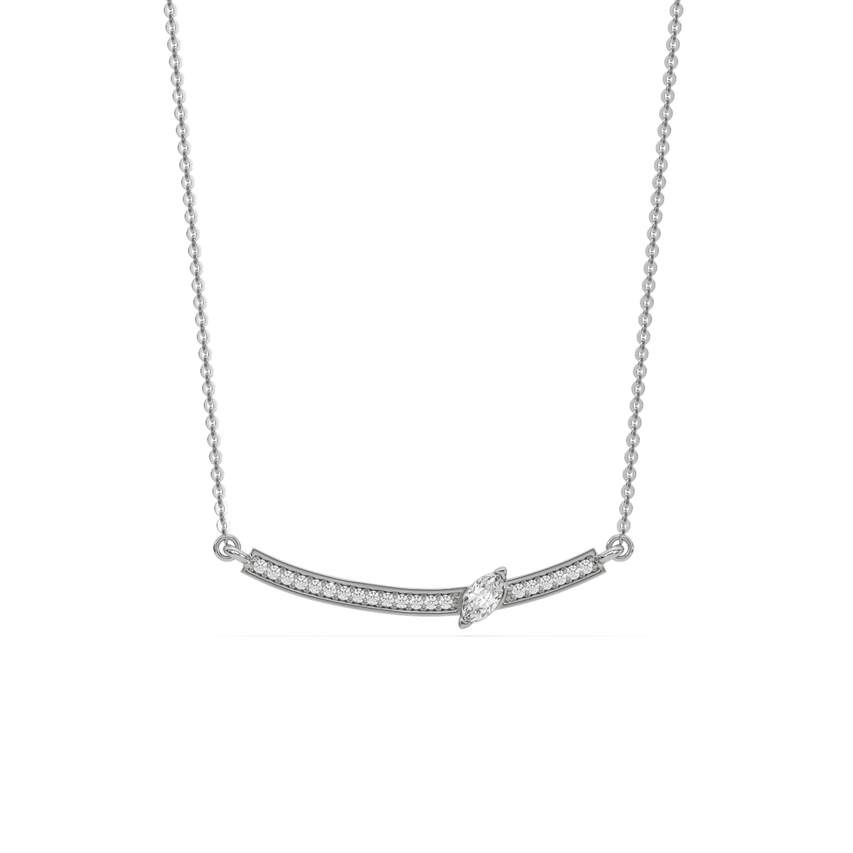 Curved Bar Diamond Necklace made with round brilliant-cut diamond in pave setting with a marquise cut solitaire on top set at an angle with adjustable chain