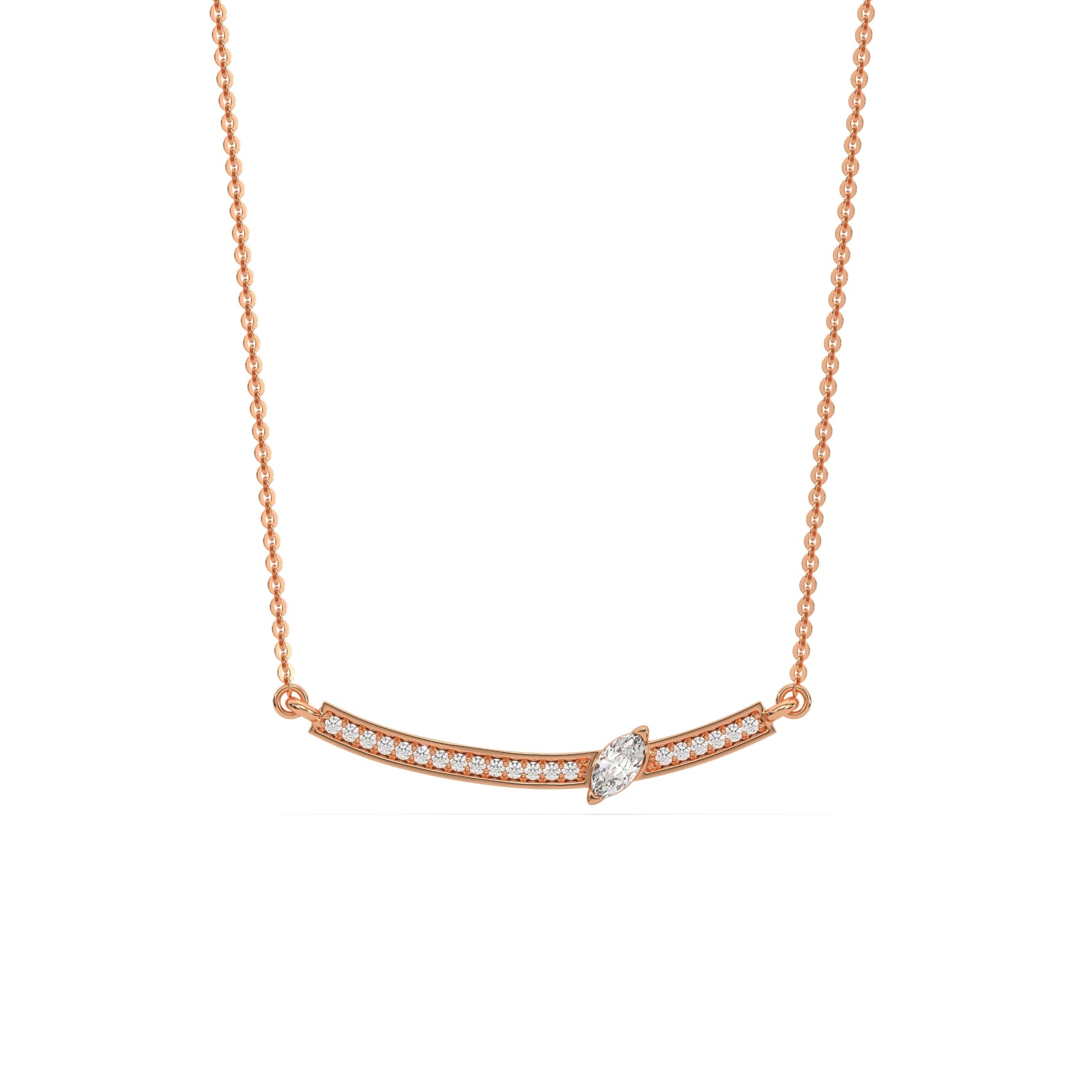 Curved Bar Diamond Necklace made with round brilliant-cut diamond in pave setting with a marquise cut solitaire on top set at an angle with adjustable chain