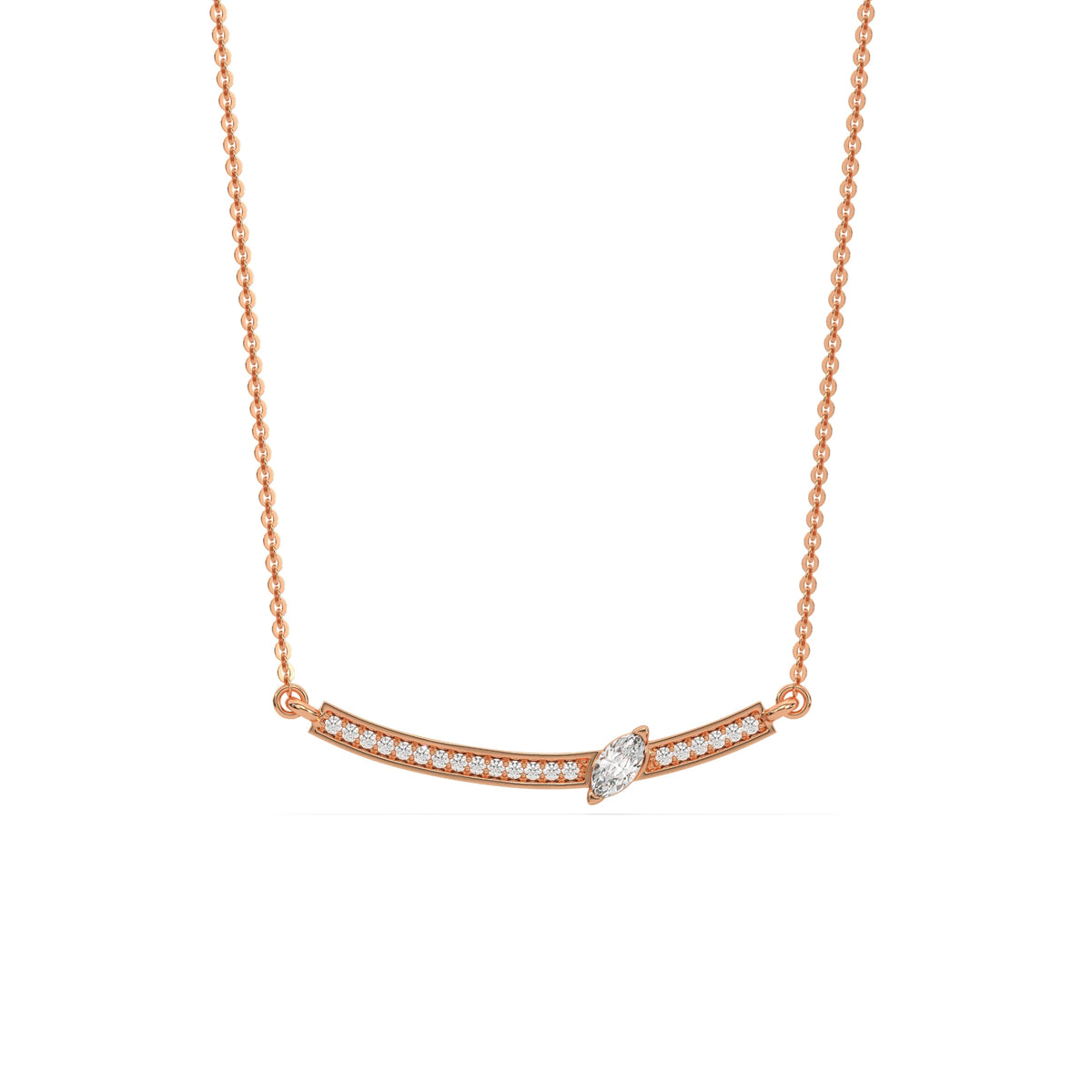 Curved Bar Diamond Necklace made with round brilliant-cut diamond in pave setting with a marquise solitaire on top set at an angle with adjustable chain