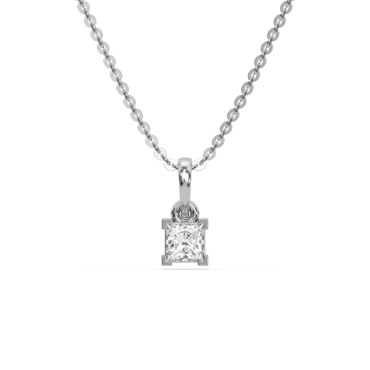 This white gold Princess Solitaire Diamond Necklace made with princess cut diamond in a four v-prong setting with adjustable chain in top view