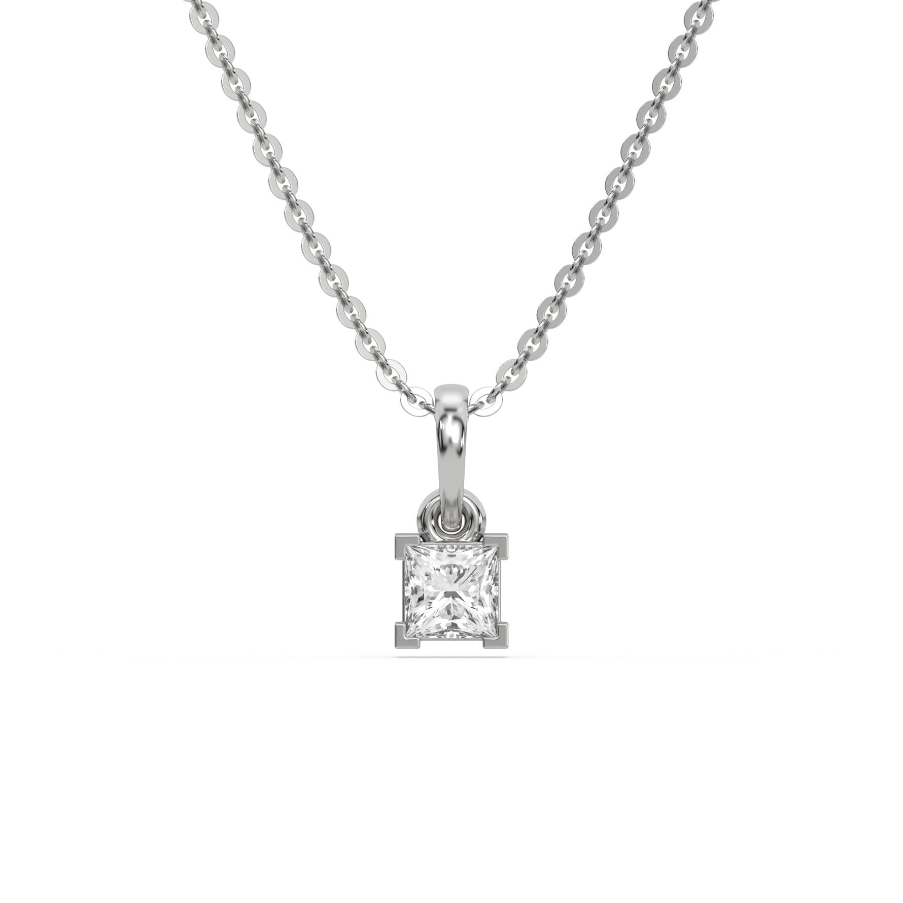 This white gold Princess Solitaire Diamond Necklace made with princess cut diamond in a four v-prong setting with adjustable chain in top view