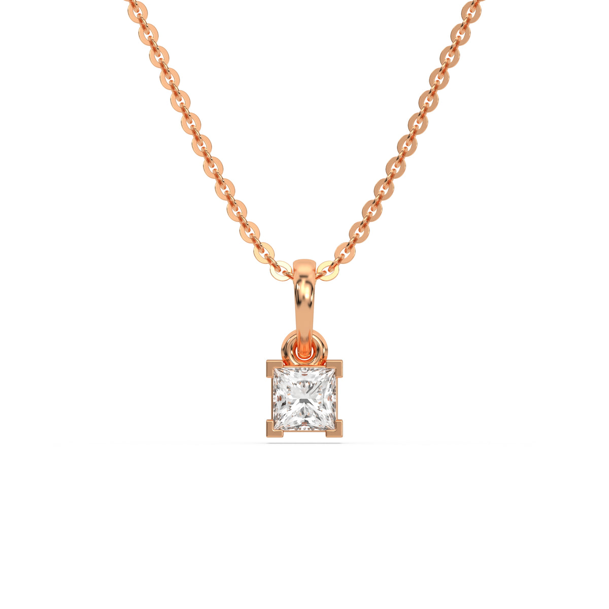 This rose gold Princess Solitaire Diamond Necklace made with princess cut diamond in a four v-prong setting with adjustable chain in top view