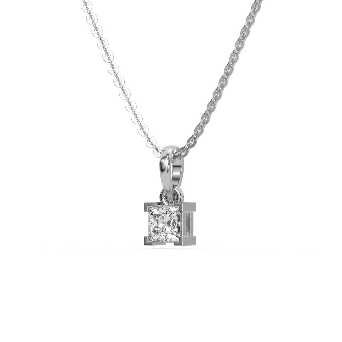 This white gold Princess Solitaire Diamond Necklace made with princess cut diamond in a four v-prong setting with adjustable chain in side view