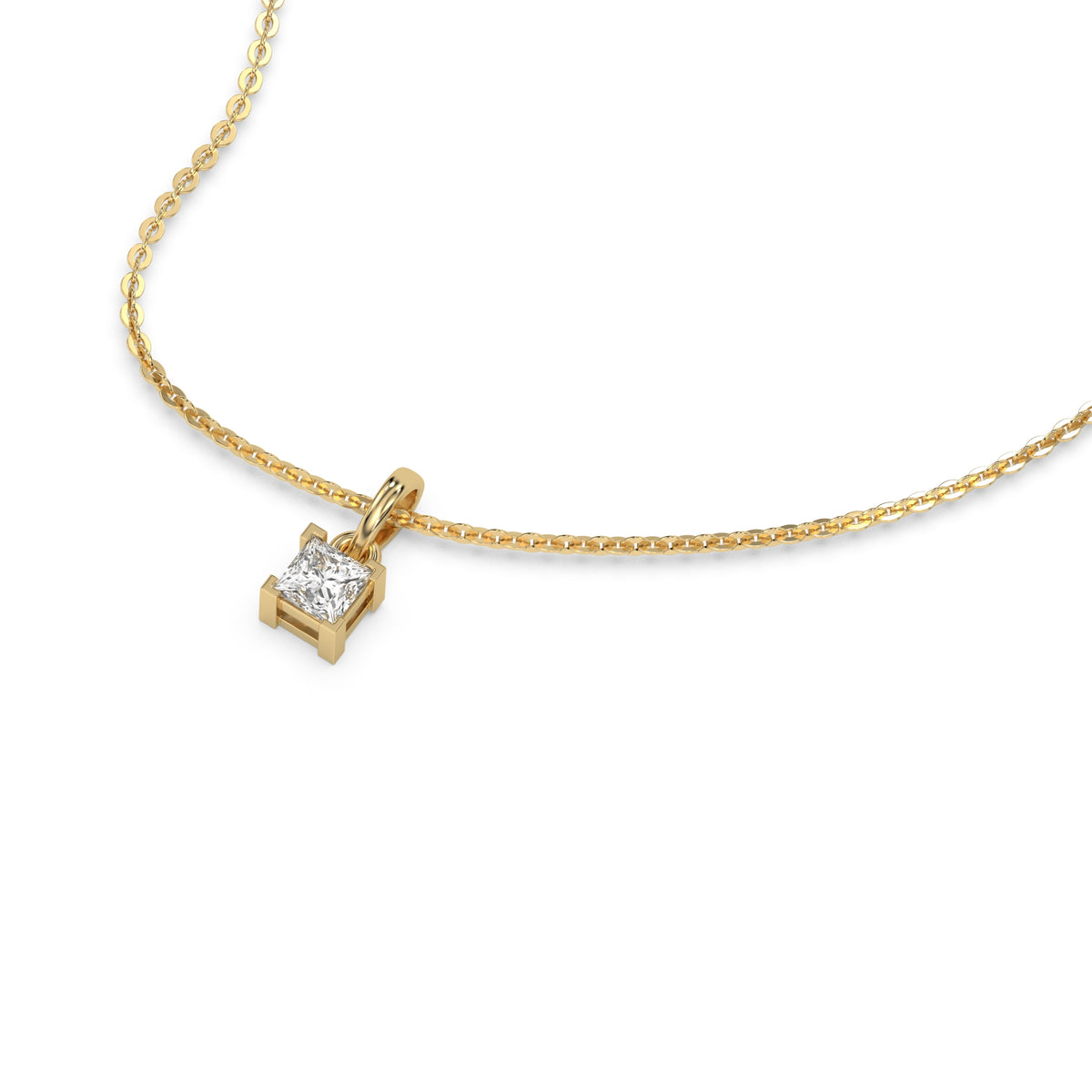 This yellow gold Princess Solitaire Diamond Necklace made with princess cut diamond in a four v-prong setting with adjustable chain in 3d view