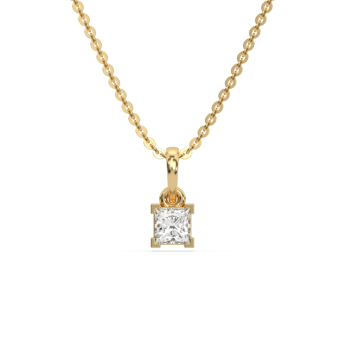 This yellow gold Princess Solitaire Diamond Necklace made with princess cut diamond in a four v-prong setting with adjustable chain in top view