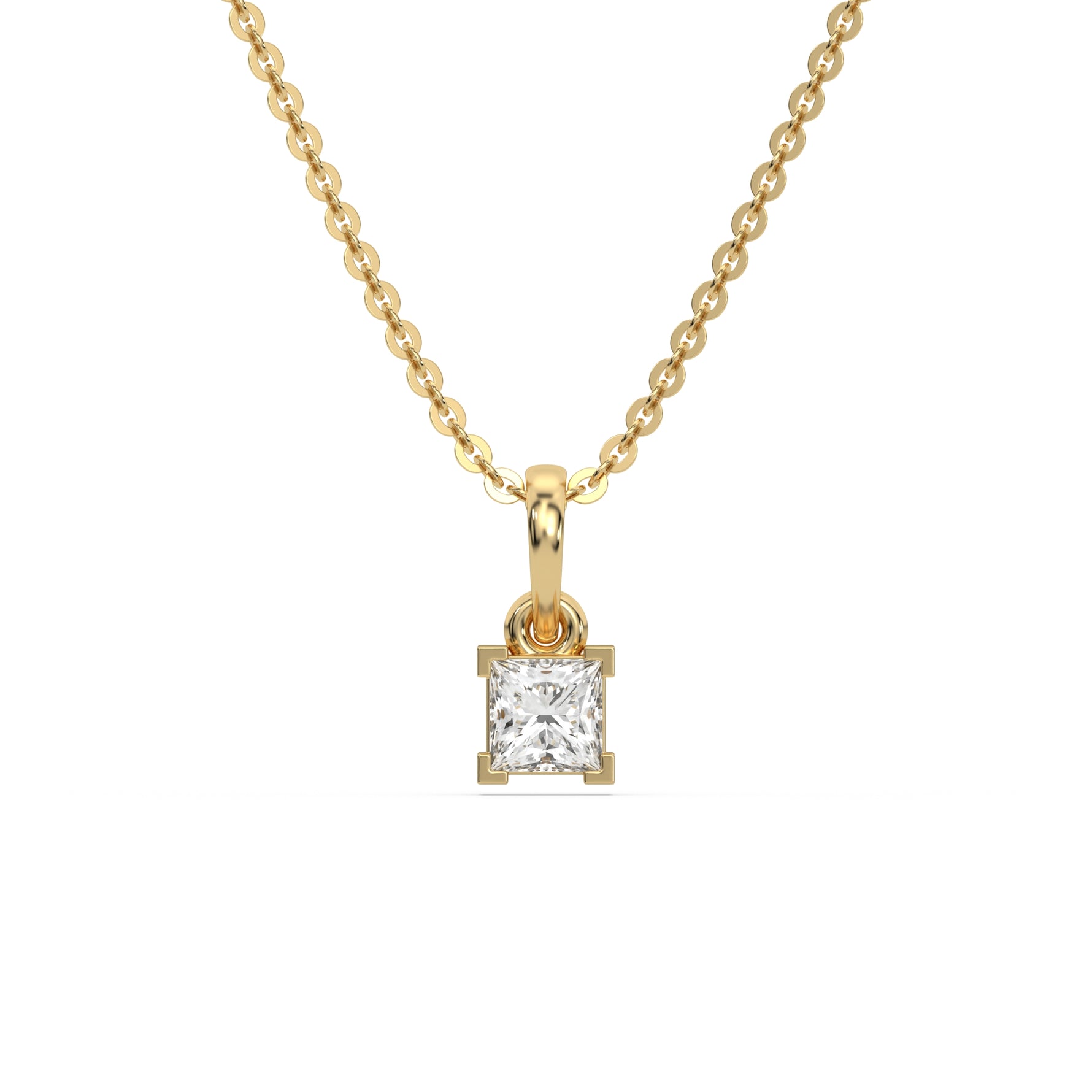 This yellow gold Princess Solitaire Diamond Necklace made with princess cut diamond in a four v-prong setting with adjustable chain in top view