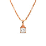 This rose gold Princess Solitaire Diamond Necklace made with princess cut diamond in a four v-prong setting with adjustable chain in top view