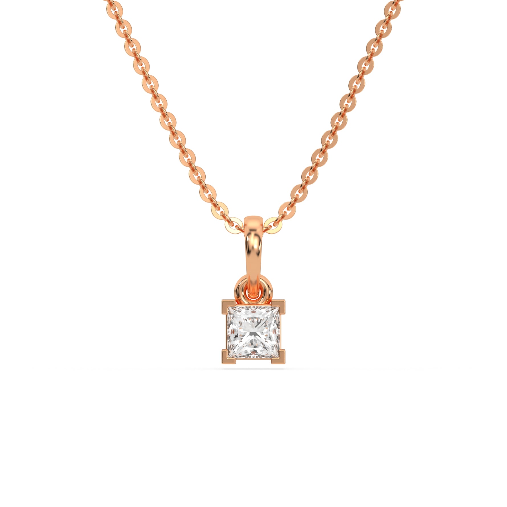 This rose gold Princess Solitaire Diamond Necklace made with princess cut diamond in a four v-prong setting with adjustable chain in top view