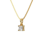 This yellow gold Princess Solitaire Diamond Necklace made with princess cut diamond in a four v-prong setting with adjustable chain in side view