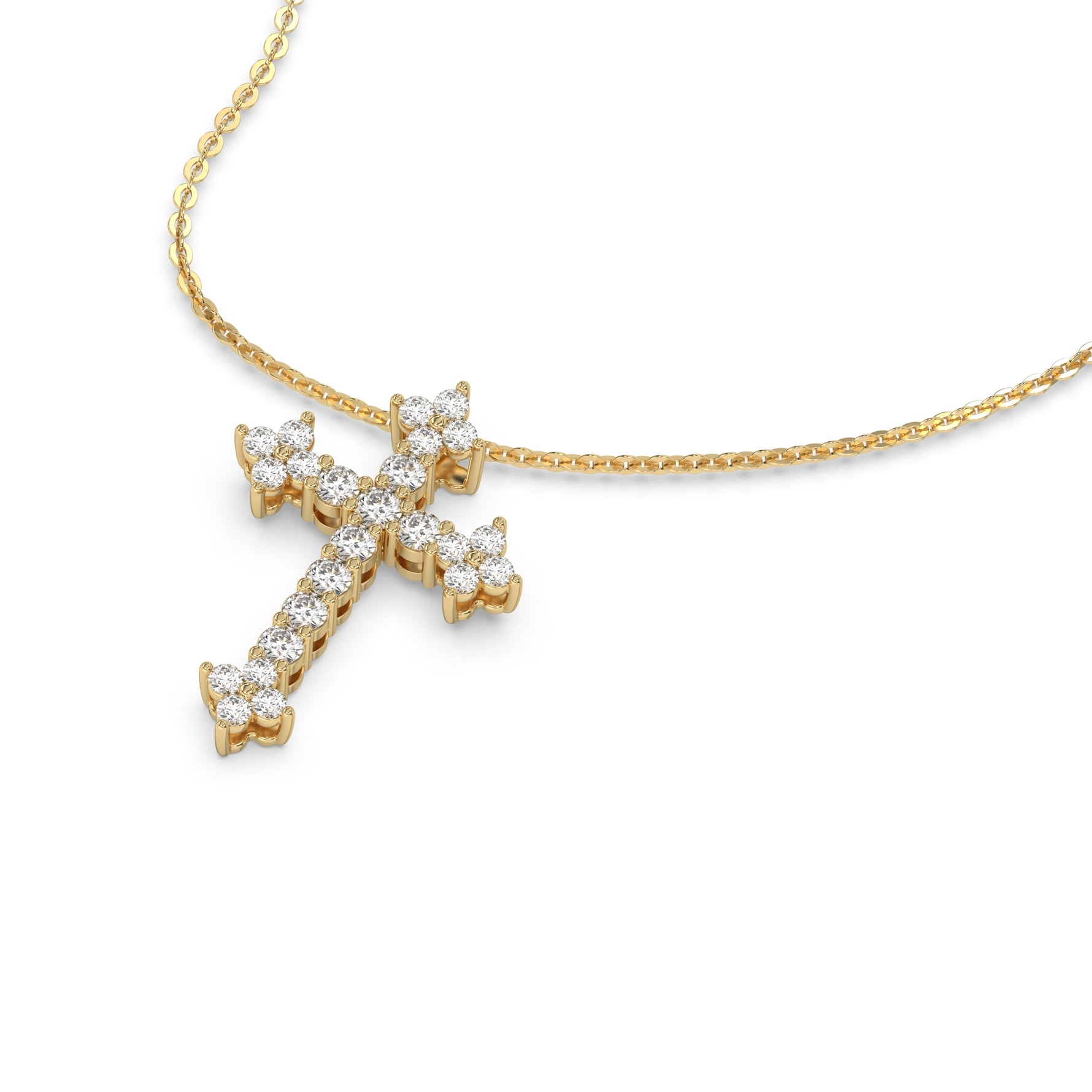 This yellow gold Cross Diamond Necklace made with round brilliant-cut diamonds, securely set in shared prong setting in 3d view