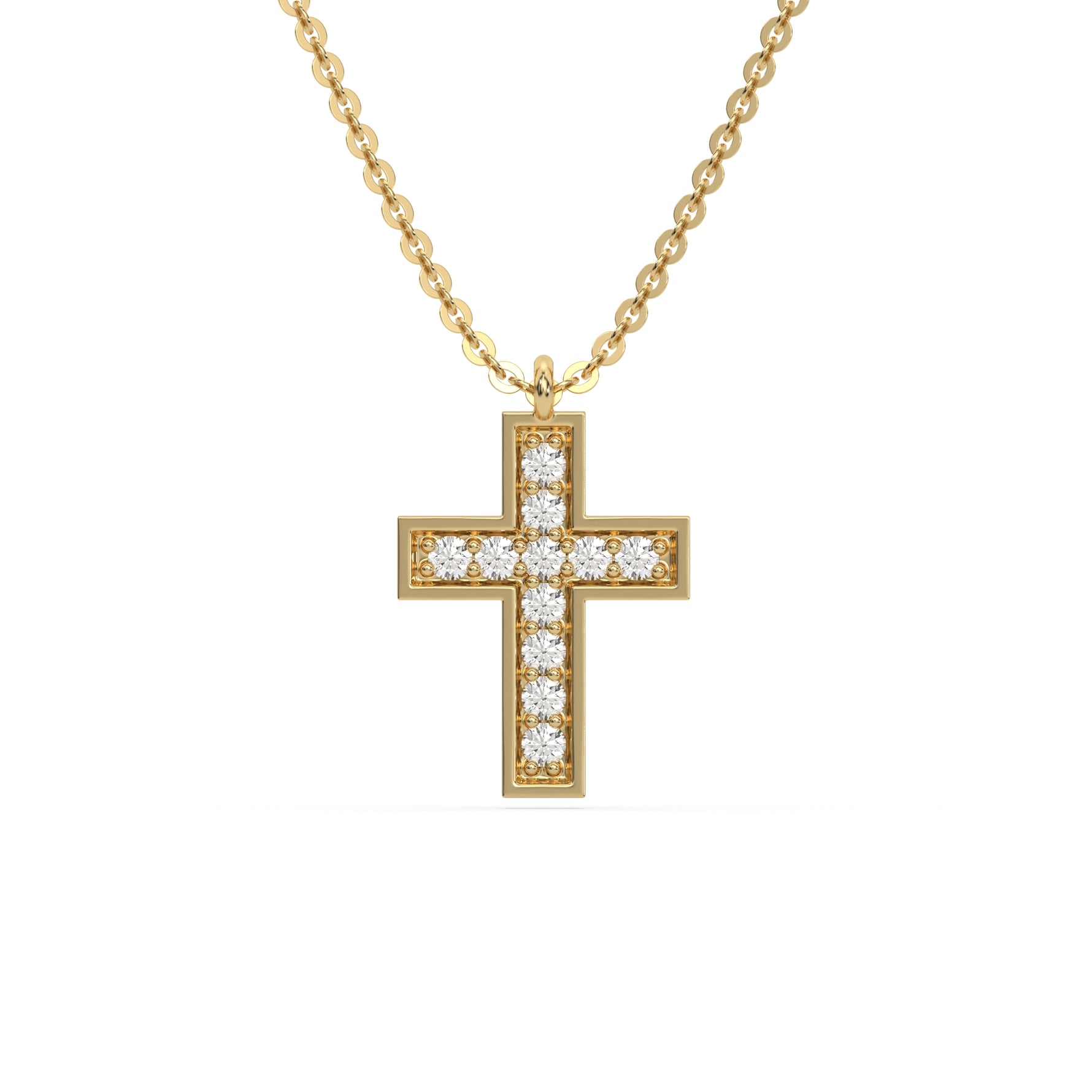 This yellow gold Cross Diamond Necklace made with round brilliant-cut diamonds, securely set in prong setting in top view