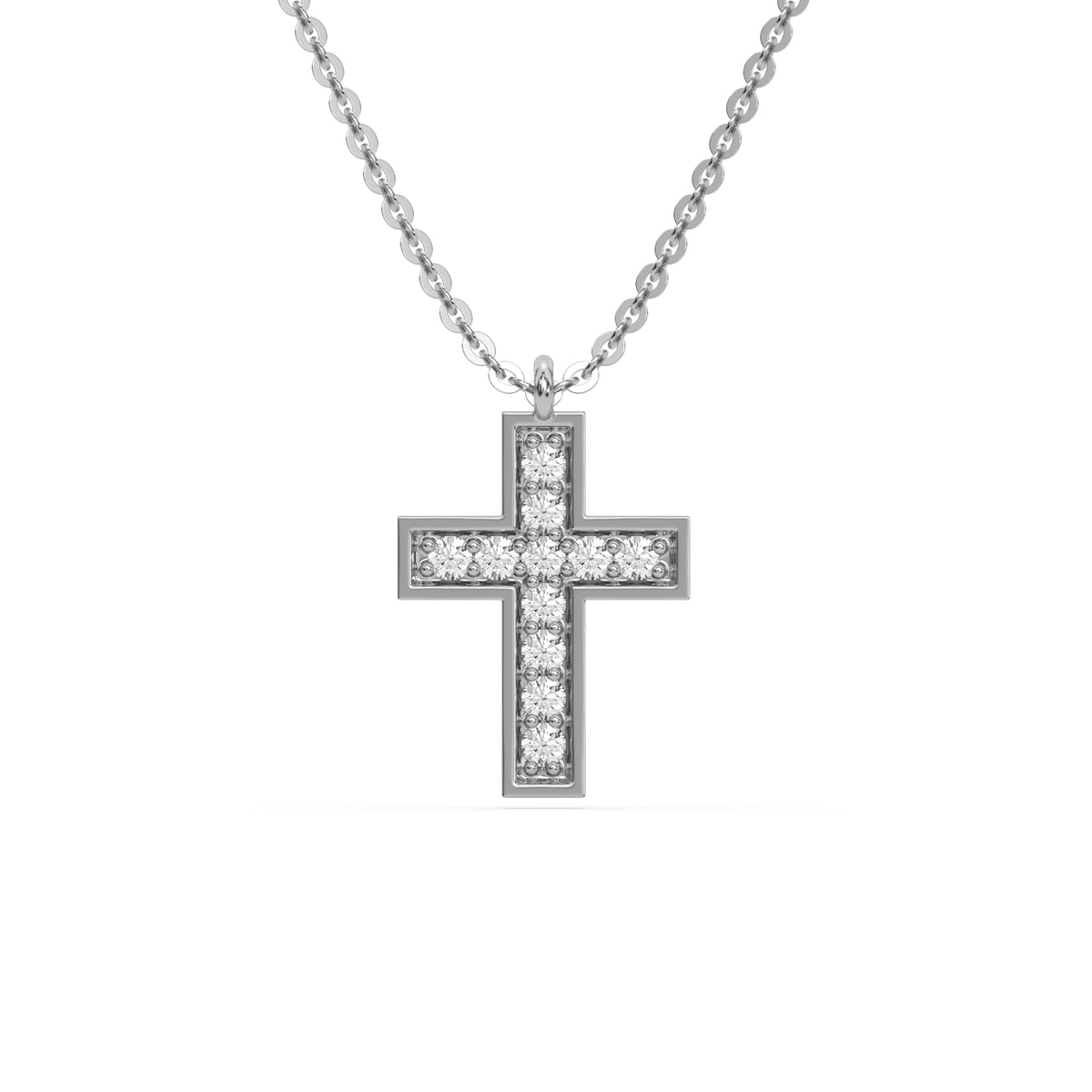 This white gold Cross Diamond Necklace made with round brilliant-cut diamonds, securely set in prong setting in top view