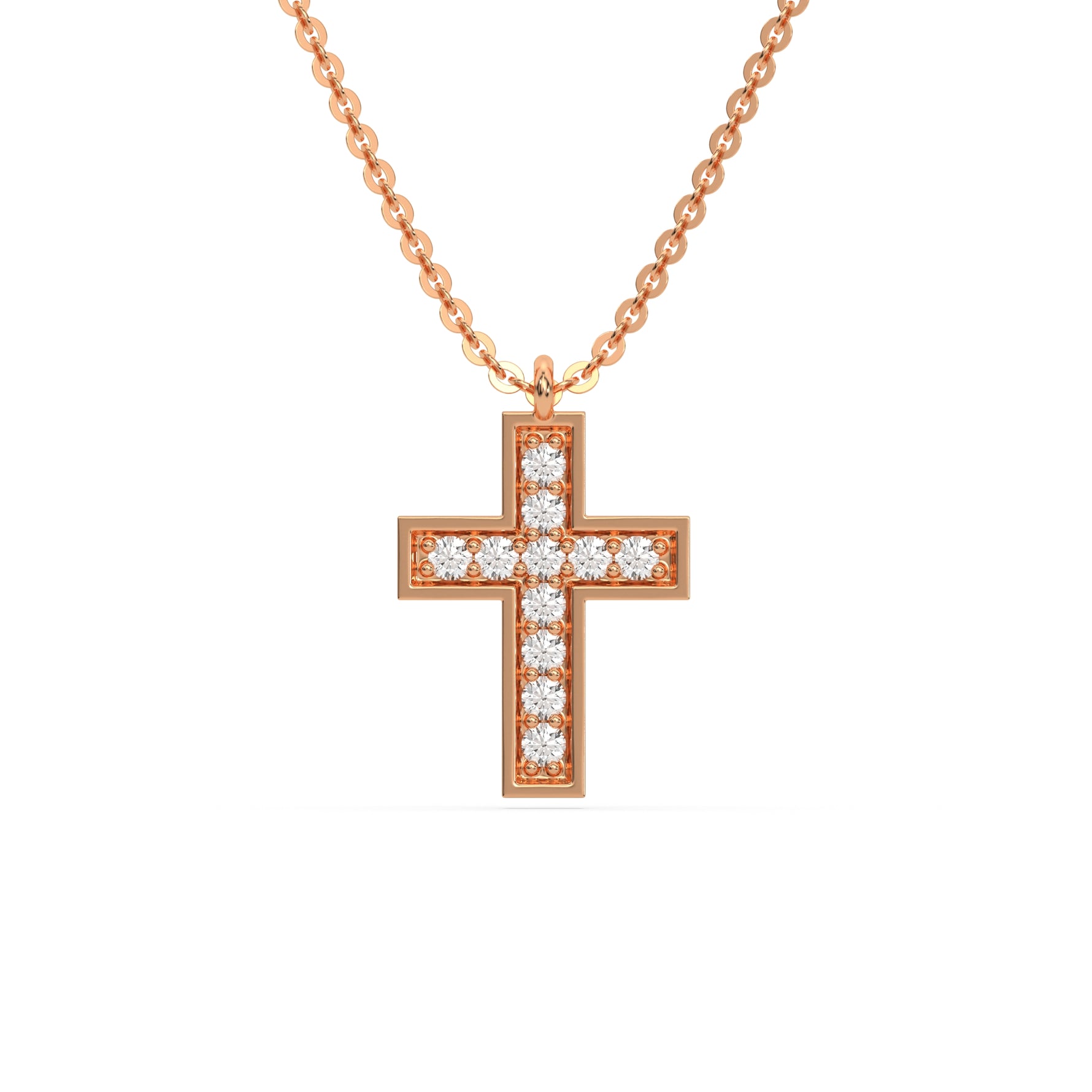 This rose gold Cross Diamond Necklace made with round brilliant-cut diamonds, securely set in prong setting in top view