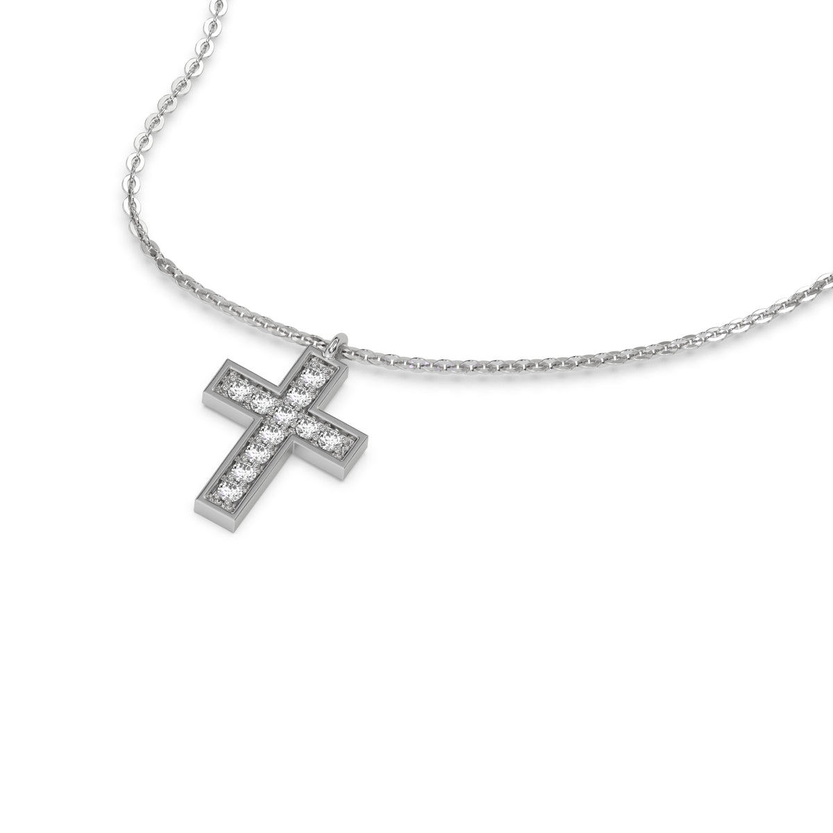 This white gold Cross Diamond Necklace made with round brilliant-cut diamonds, securely set in prong setting in 3d view