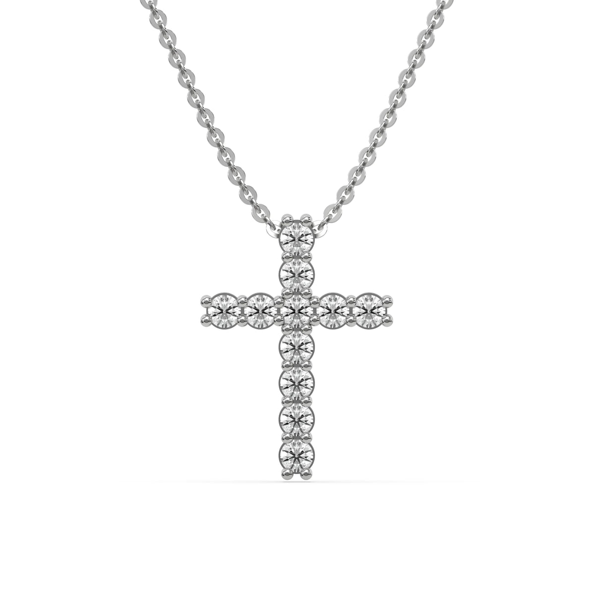 Elegant cross pendant round diamond necklace in 925 sterling silver with prong and pave-set sparkling diamonds 