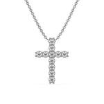 Elegant cross pendant round diamond necklace in 925 sterling silver with prong and pave-set sparkling diamonds 