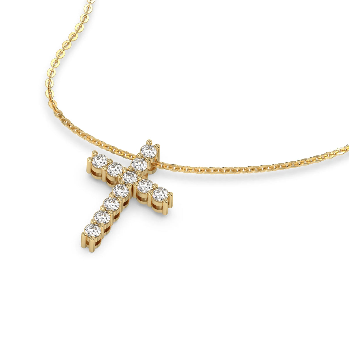 Angled view of a yellow gold cross pendant round diamond necklace featuring prong and pave-set sparkling diamonds.