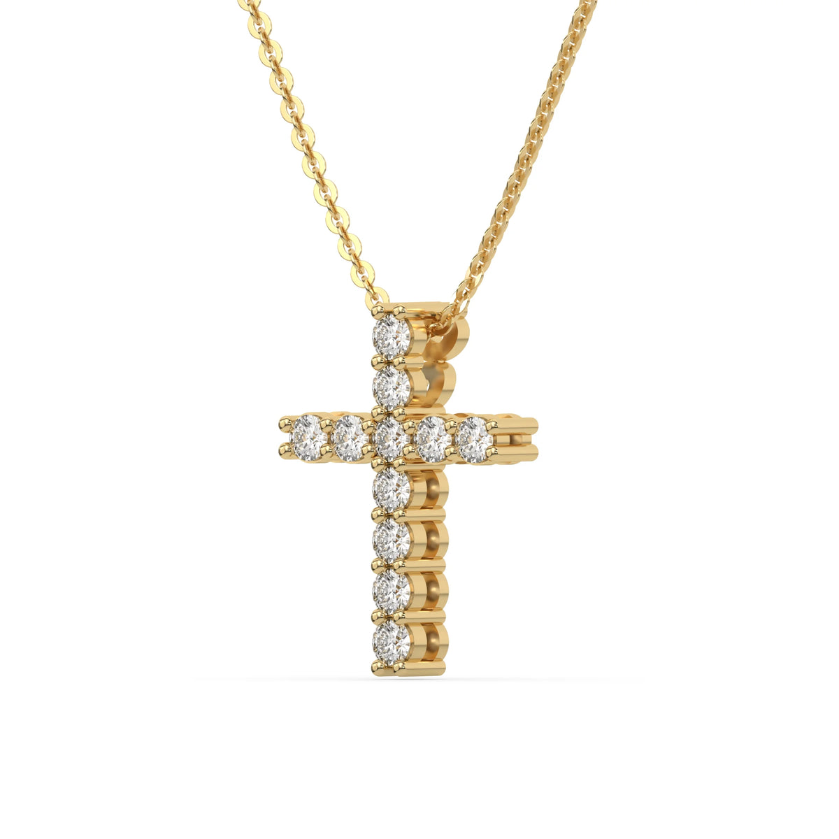 Side-profile view of a yellow gold cross pendant round diamond necklace with brilliant prong and pave-set stones