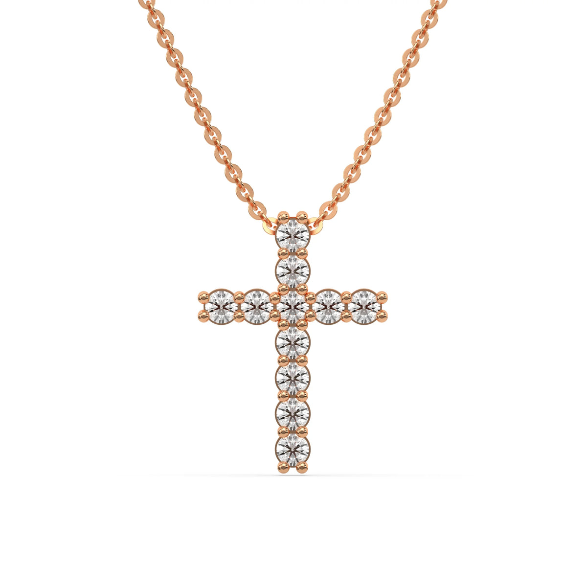Elegant cross pendant round diamond necklace in rose gold with prong and pave-set sparkling diamonds.