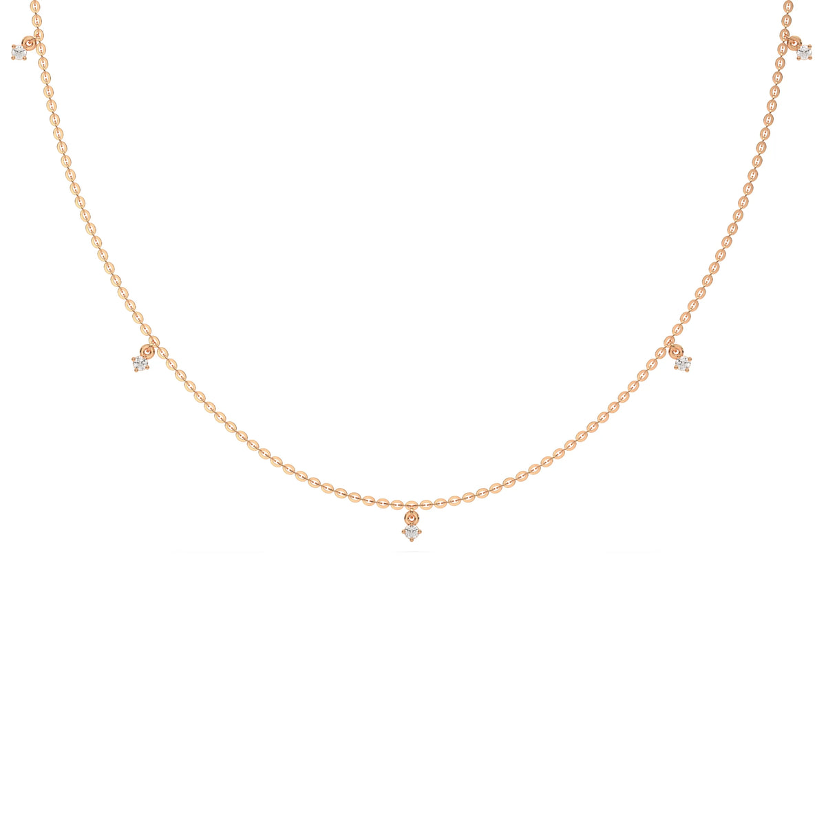 Modern rose gold round diamond dangling necklace designed with three brilliant prong-set round stones on a fine link chain with a white background.