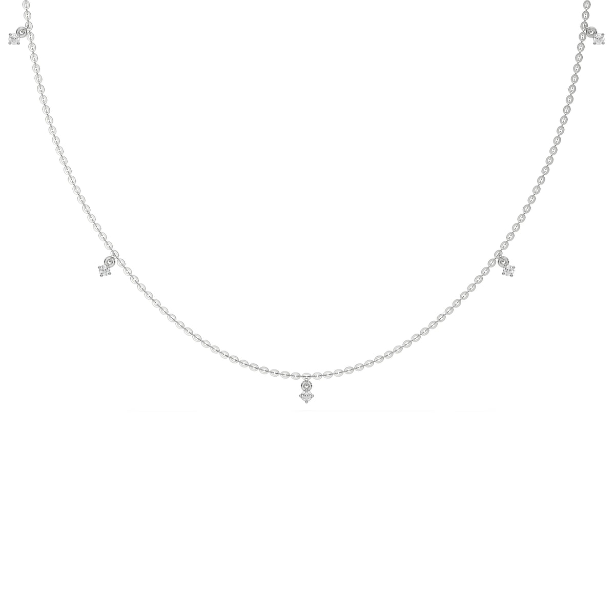 Modern white gold round diamond dangling necklace designed with three brilliant prong-set round stones on a fine link chain with a white background.
