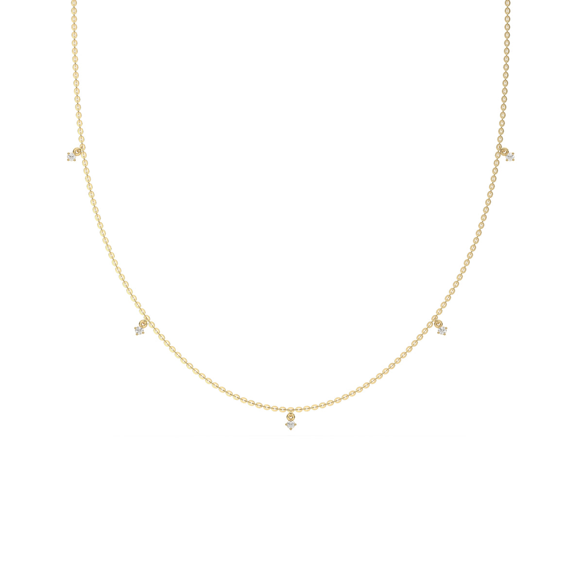 This yellow gold Round Dangling Diamond Necklace made with five round brilliant-cut diamond set in a prong setting, distributed evenly along the chain in top view