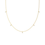 This yellow gold Round Dangling Diamond Necklace made with five round brilliant-cut diamond set in a prong setting, distributed evenly along the chain in top view