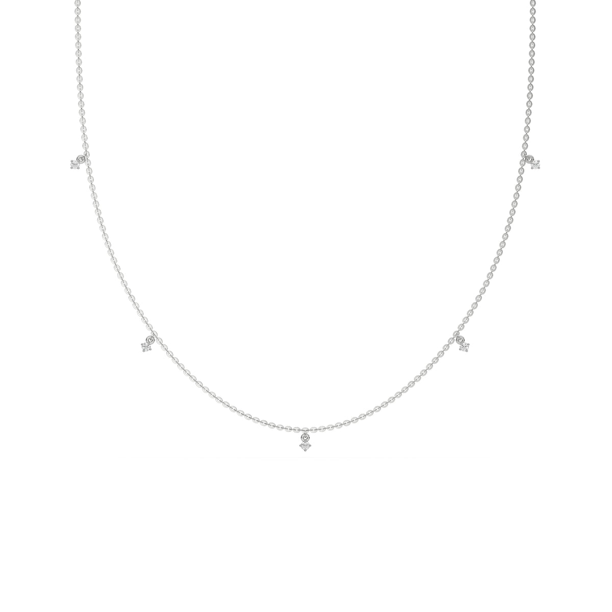 This white gold Round Dangling Diamond Necklace made with five round brilliant-cut diamond set in a prong setting, distributed evenly along the chain in top view