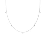 This white gold Round Dangling Diamond Necklace made with five round brilliant-cut diamond set in a prong setting, distributed evenly along the chain in top view