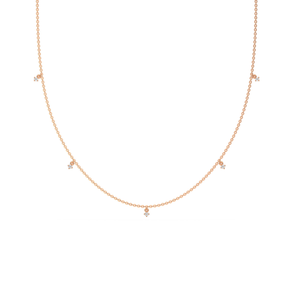 This rose gold Round Dangling Diamond Necklace made with five round brilliant-cut diamond set in a prong setting, distributed evenly along the chain in top view