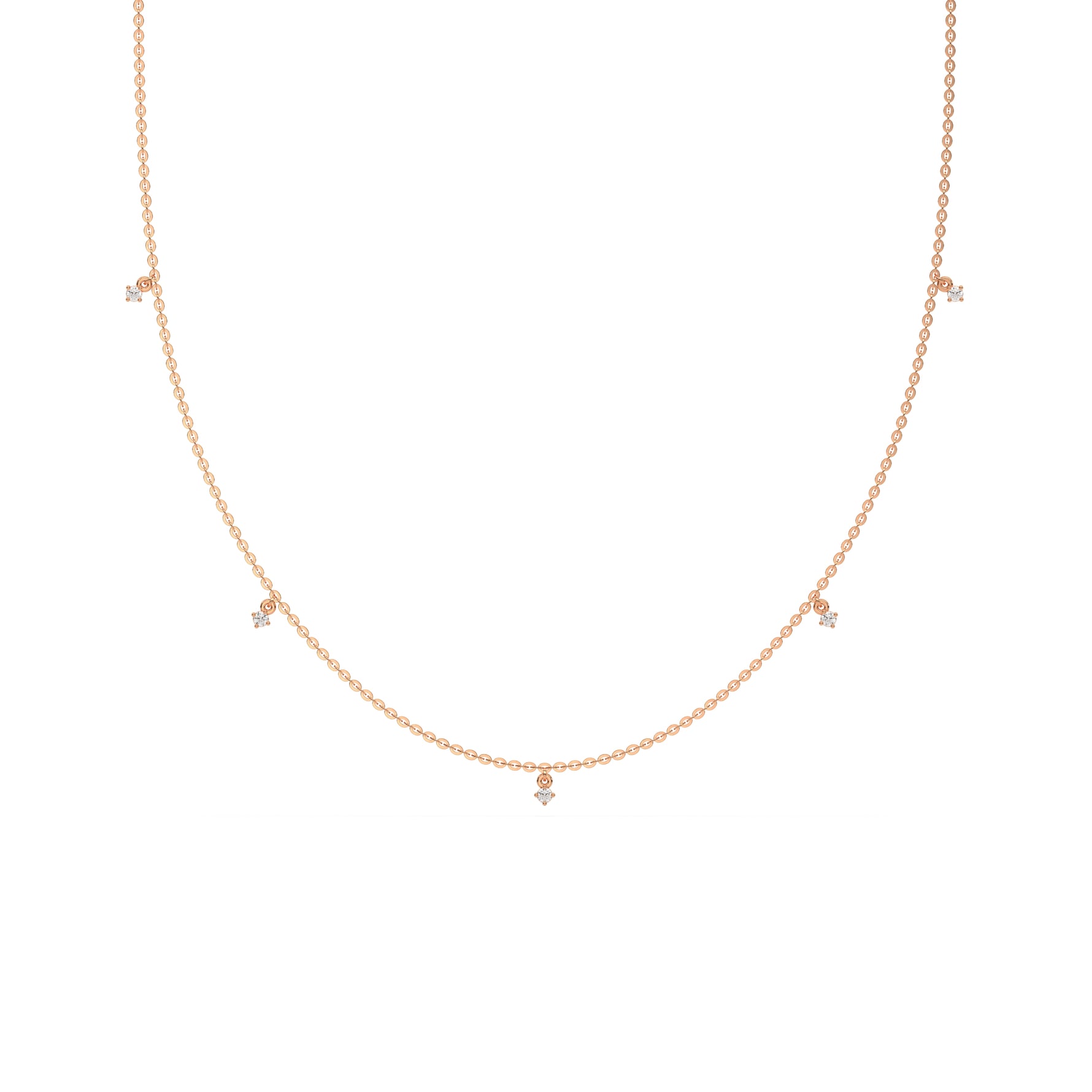 This rose gold Round Dangling Diamond Necklace made with five round brilliant-cut diamond set in a prong setting, distributed evenly along the chain in top view