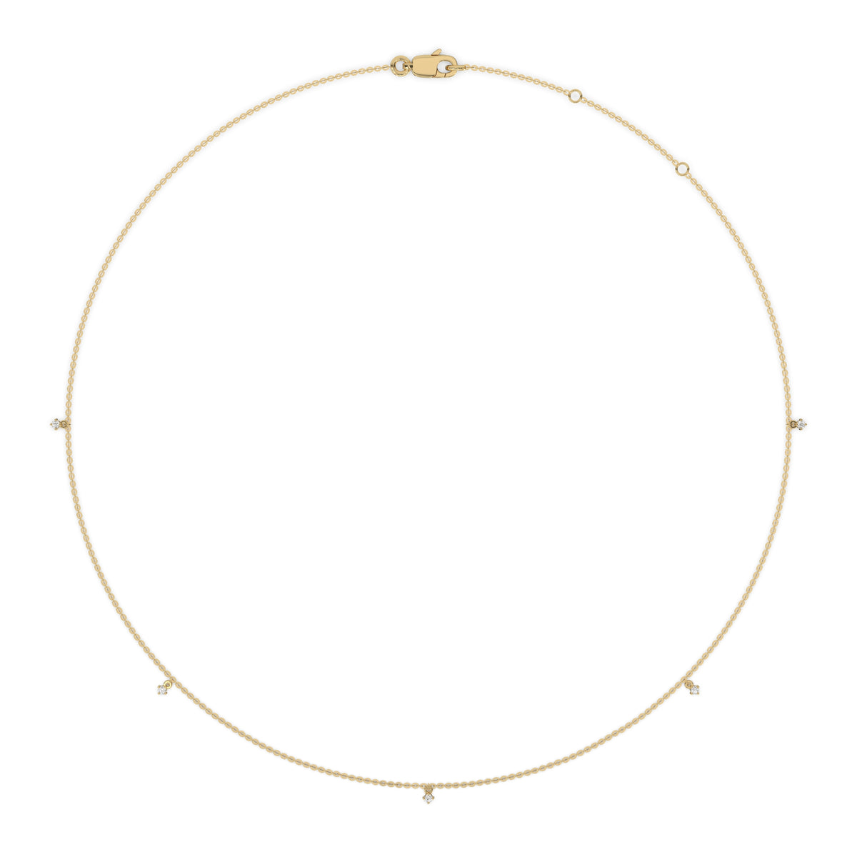 This yellow gold Round Dangling Diamond Necklace made with five round brilliant-cut diamond set in a prong setting, distributed evenly along the chain in 3d view