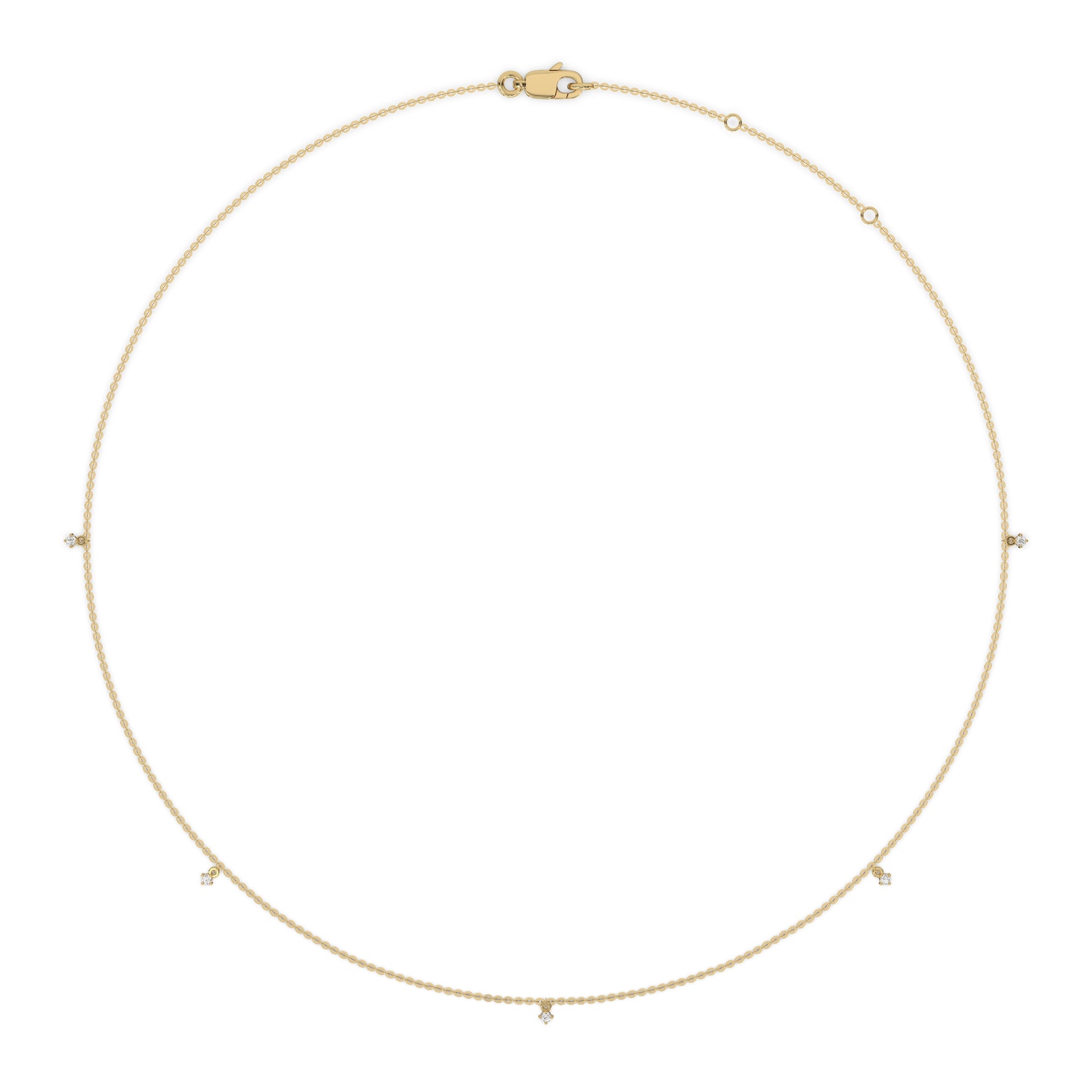 This yellow gold Round Dangling Diamond Necklace made with five round brilliant-cut diamond set in a prong setting, distributed evenly along the chain in 3d view