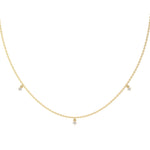 This yellow gold Round Dangling Diamond Necklace made with five round brilliant-cut diamond set in a prong setting, distributed evenly along the chain in top view