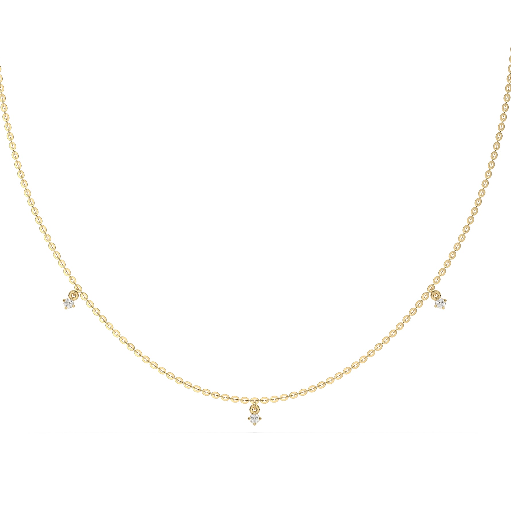 This yellow gold Round Dangling Diamond Necklace made with five round brilliant-cut diamond set in a prong setting, distributed evenly along the chain in top view