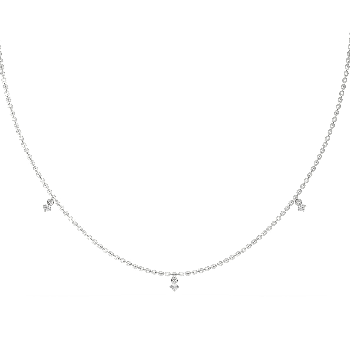 This white gold Round Dangling Diamond Necklace made with five round brilliant-cut diamond set in a prong setting, distributed evenly along the chain in top view