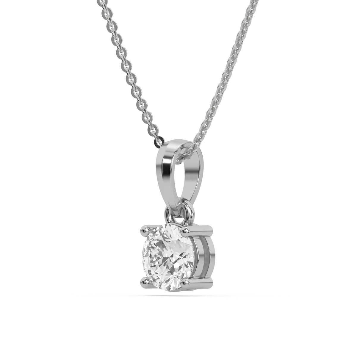 This white gold Round Solitaire Diamond Necklace made with round brilliant-cut diamond in a four prong setting with adjustable chain in side view