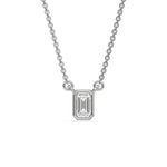 This white gold Emerald Solitaire Diamond Necklace made with an emerald cut diamond in bezel setting with adjustable chain in top view