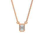 This rose gold Emerald Solitaire Diamond Necklace made with an emerald cut diamond in bezel setting with adjustable chain in top view