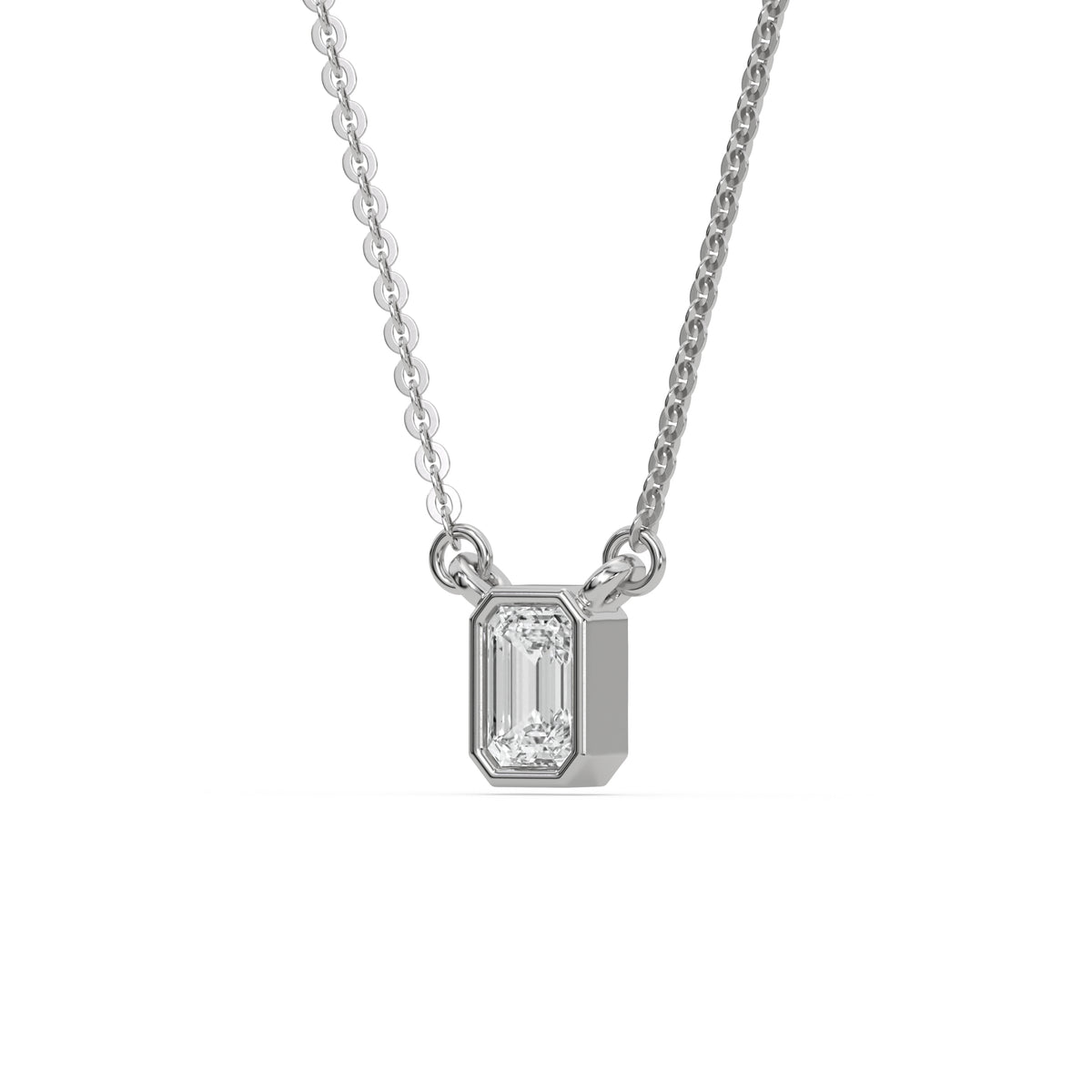 This white gold Emerald Solitaire Diamond Necklace made with an emerald cut diamond in bezel setting with adjustable chain in side view