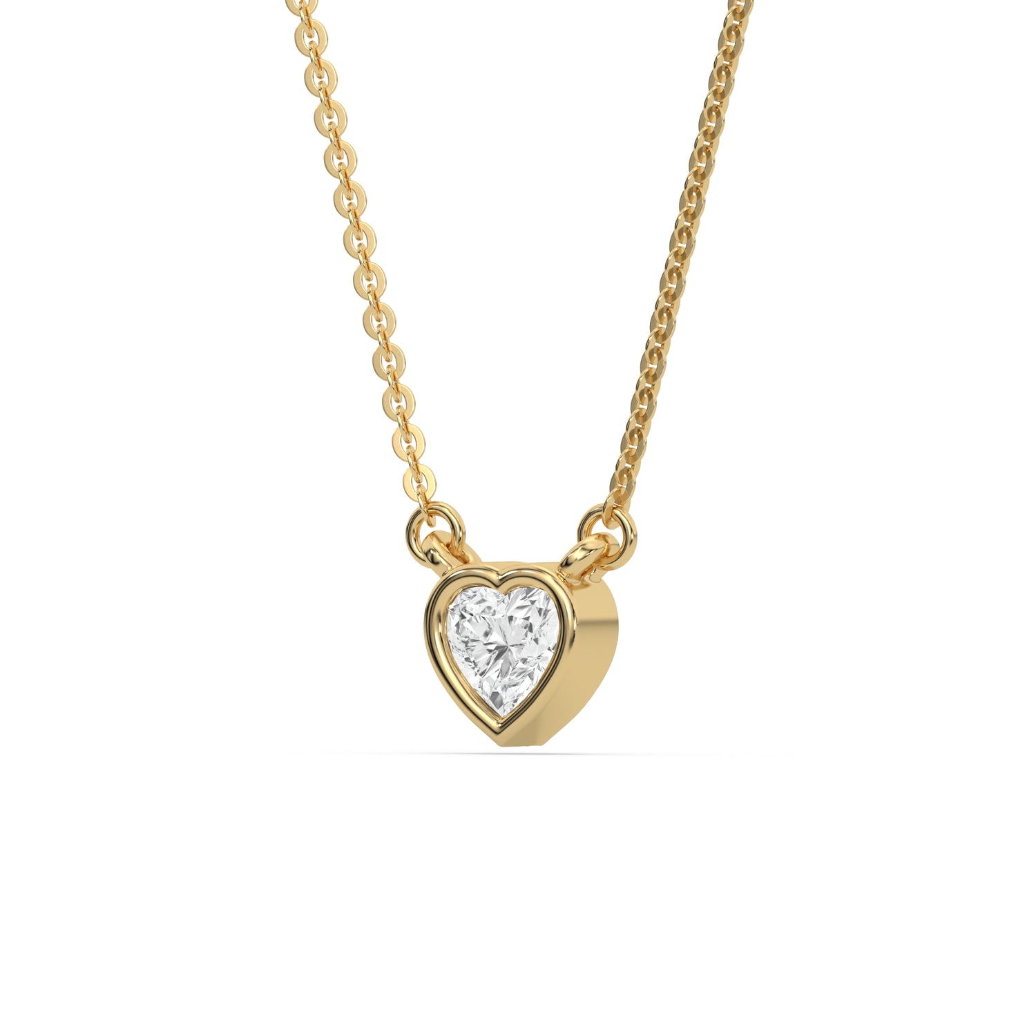 This yellow gold Heart Solitaire Diamond Necklace made with a heart cut diamond in bezel setting with adjustable chain in side view